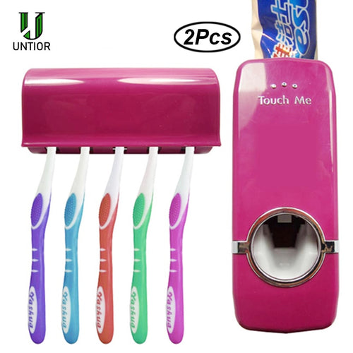 UNTIOR 2Pcs/Set Plastic Toothbrush Holder  Automatic Toothpaste Dispenser Wall Mount Tooth Brush Holder Bathroom Accessories Set