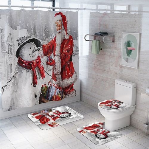 LANGRIA Christmas 4pcs Bathroom Shower Curtain Waterproof Snowman Bath Curtain Set Toilet Cover Mat Non-Slip Bathroom Rug Set
